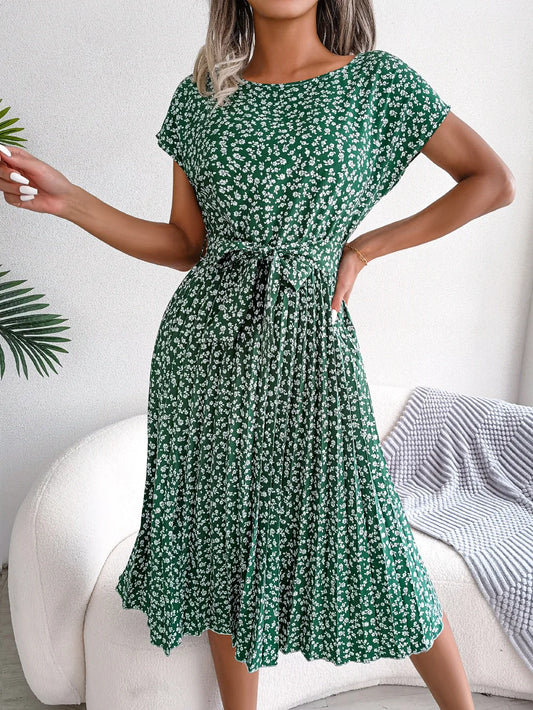 Women Spring Summer Short Sleeve High Waist Chic Dress Fashion Floral