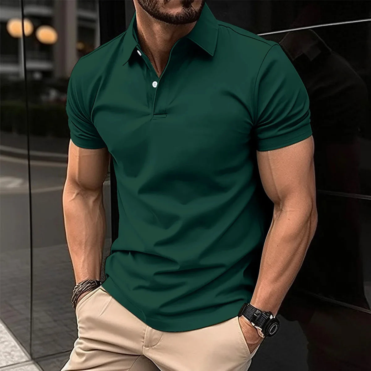 Best-Selling Men's Short-Sleeved Polo Shirt Lapel Button Solid Color