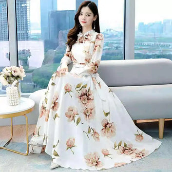 Women Maxi Dress Temperament Loose Hem Tight Waist Flower Print Lace