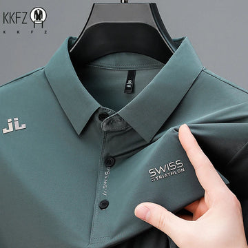 New Men's Business Casual Short Sleeved Shirt with Badge Solid Color Polo