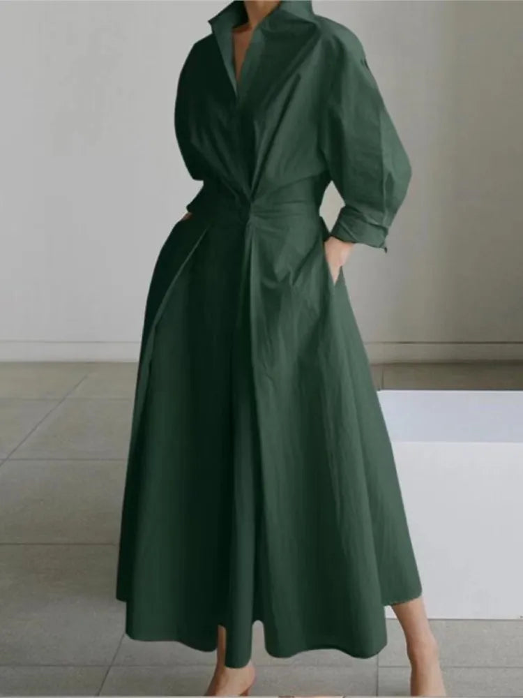 Spring Dress Long Sleeve Solid Color Cotton Linen Elegant Maxi Dresses