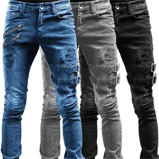 2025 New Men Slim Biker Ripped Long Denim Trousers Skinny Jeans Side Straps