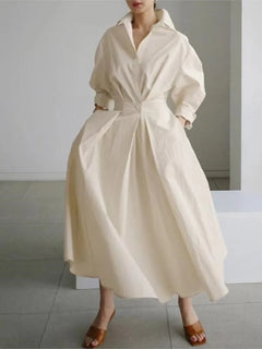 Spring Dress Long Sleeve Solid Color Cotton Linen Elegant Maxi Dresses