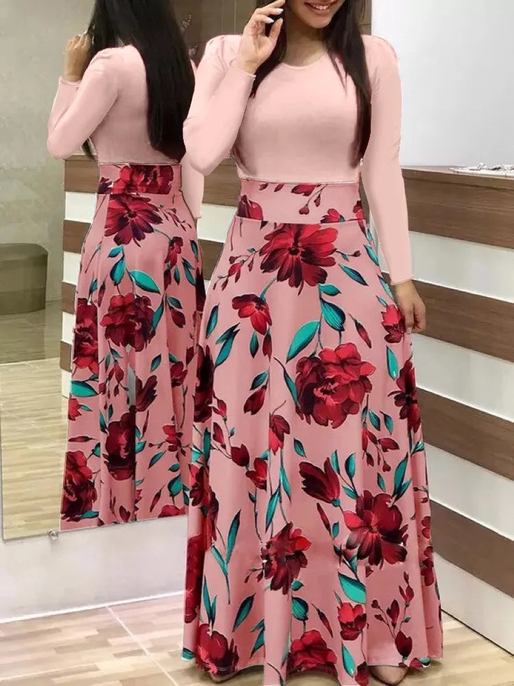 Autumn hot selling European and American flower color matching dresses