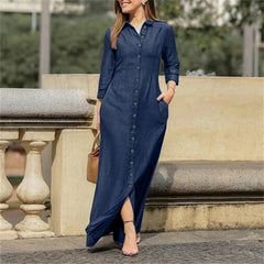 2023 Autumn Elegant Women's Denim Dress Long Sleeve Buttons Shirt Long