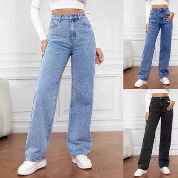 Women's Hot Sale High Waist Stretch Washed Denim Fashionable Straight Jeans