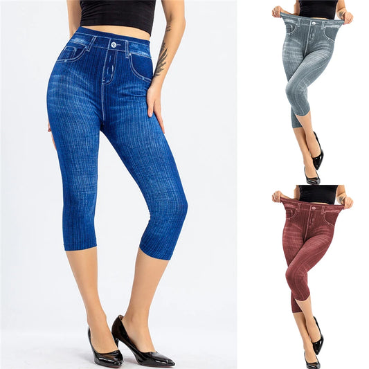 Summer Women Fashion High Waist Skinny Jeans Knee Length Denim