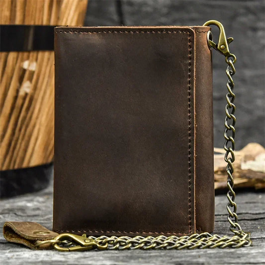 Men Genuine Leather Short Wallet with Chain Zipper Clutch Wallets Male