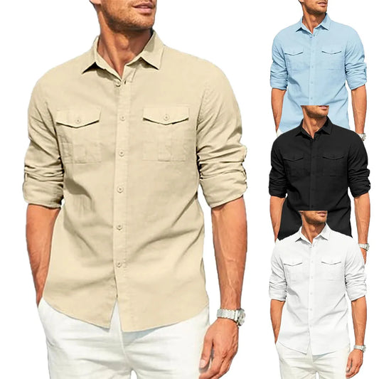 Men's Shirt Double Pocket Cotton Linen Long Sleeve Shirt Casual Holiday Shirt