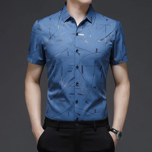 New Men's Business Casual Short Sleeved Printed Shirt with Wrinkle Resistance