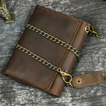 Men Genuine Leather Short Wallet with Chain Zipper Clutch Wallets Male