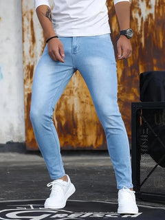 Man Pants Washing Zipper Stretch Jeans Classic Casual Slim Fit Trousers Male