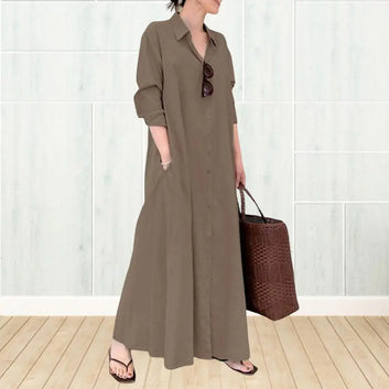 Loose Cut Button Closure Dress Spring Maxi Dress with Turn-down Collar