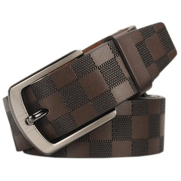 Genuine leather men's cowhide pin buckle belt checkerboard pattern belt