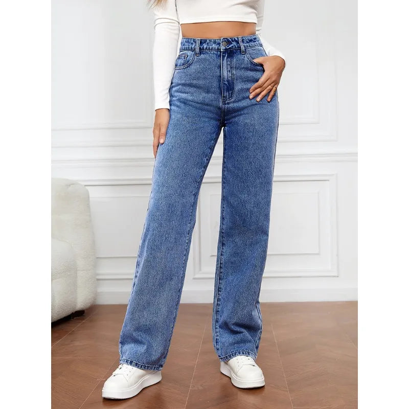 Spring Summer 2024 New Jeans Women Stretch Washed Denim Straight-Leg Pants