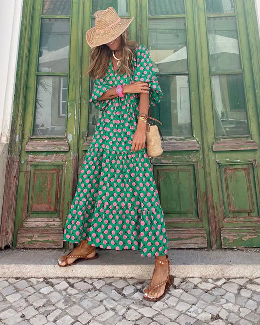 Spring Summer Loose Maxi Dresses Bohemian Floral Print Puff Sleeve