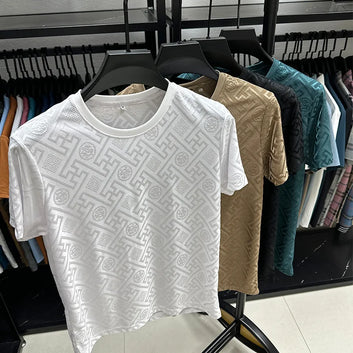 High End Designer Ice Silk Men's T-Shirt O-Neck Exquisite Jacquard Short Sleeve