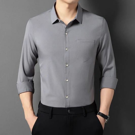 Men's Business Casual Long Sleeve Shirt Solid Color Non-Ironing