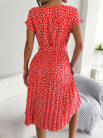 Women Spring Summer Short Sleeve High Waist Chic Dress Fashion Floral