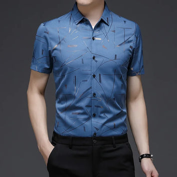 New Men's Business Casual Short Sleeved Printed Shirt with Wrinkle Resistance