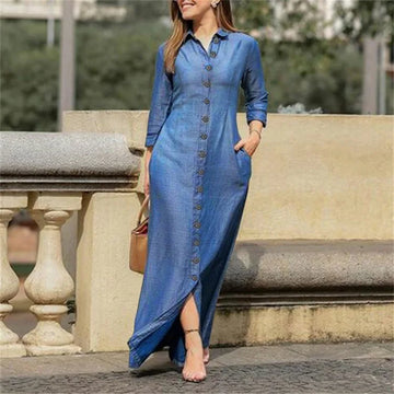 2023 Autumn Elegant Women's Denim Dress Long Sleeve Buttons Shirt Long