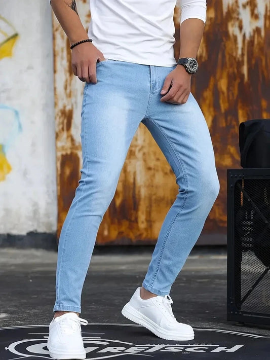 Man Pants Washing Zipper Stretch Jeans Classic Casual Slim Fit Trousers Male